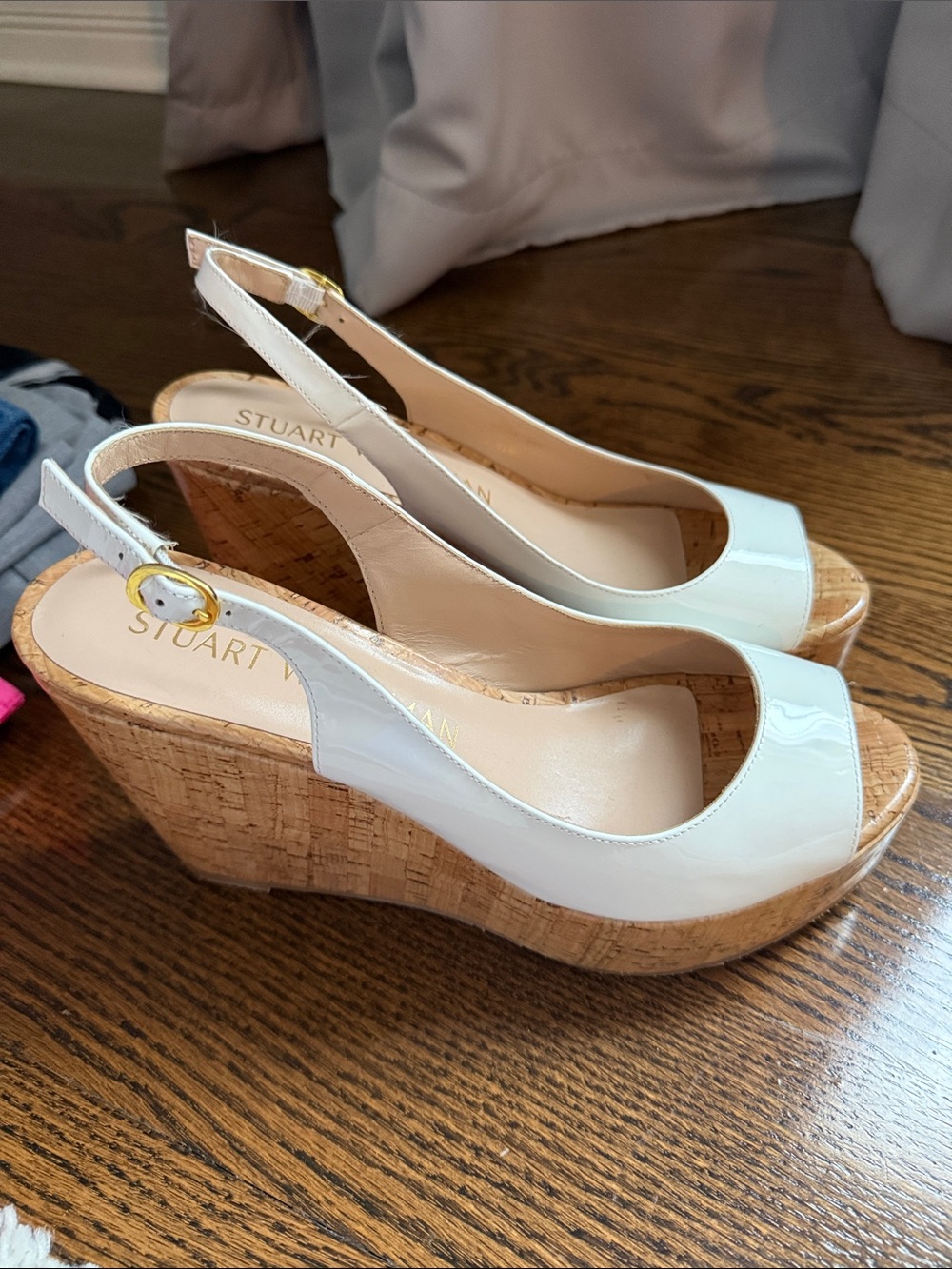 Stuart Weitzman White Patent Cork Wedge Slingbacks